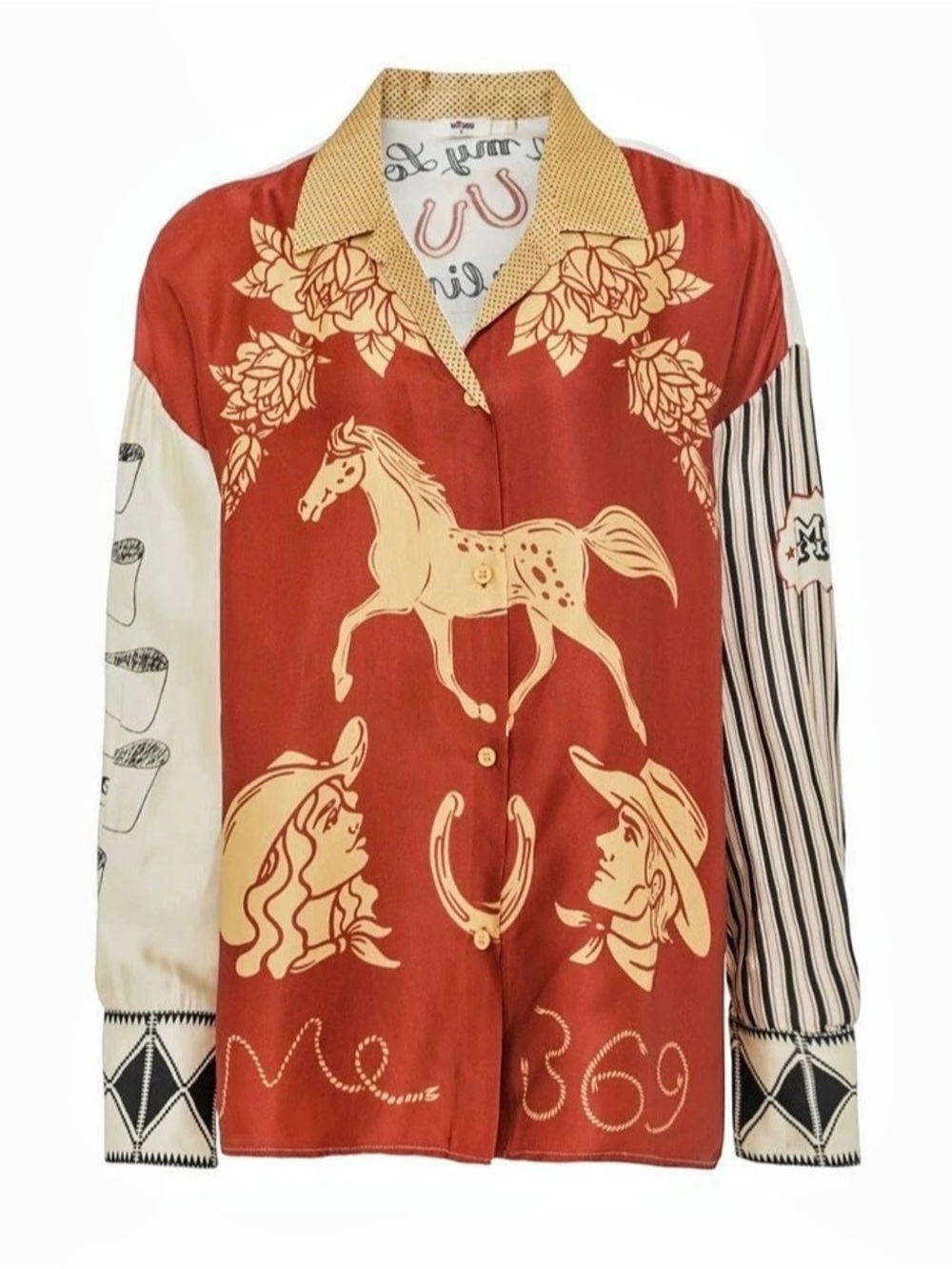 Me369 Style #225L31427 Printed Button Down Shirt Red & Cream Size Small